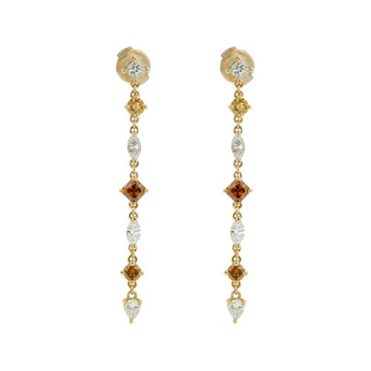 yellow gold post earrings with drops of multi-shaped orange and white diamonds
