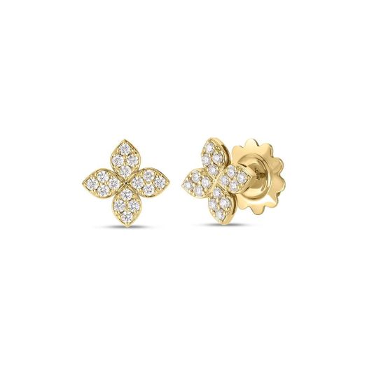 medium stud earrings with pavé diamond flower design in 18K yellow gold