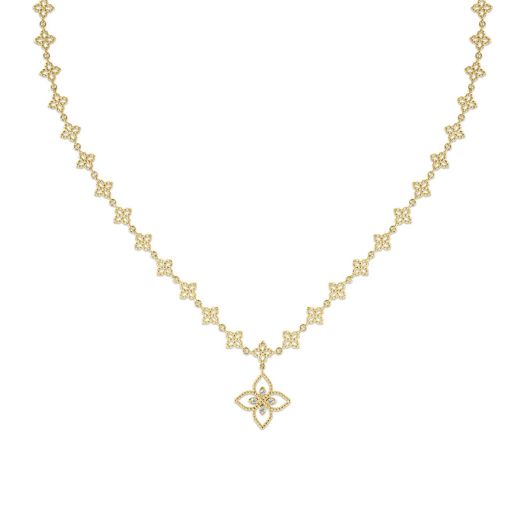 necklace with a diamond flower pendant and flower-link chain in 18K yellow gold