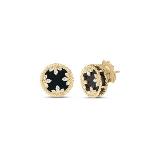 small stud earrings with black jade centers and diamond accents in 18K yellow gold