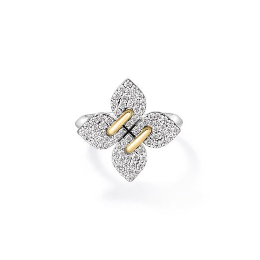 medium pavé diamond flower ring in 18K two-tone yellow and rose gold