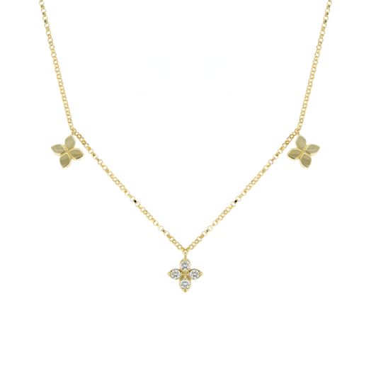 18K yellow gold station necklace with polished and diamond-accented flower motifs