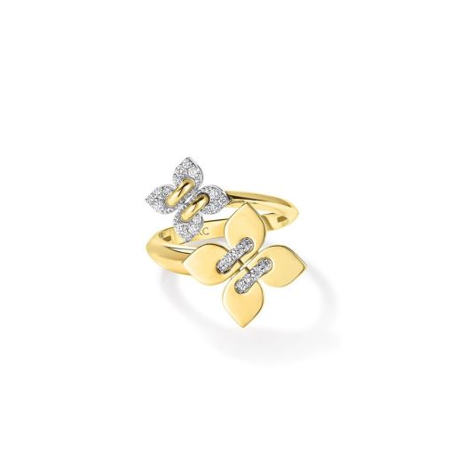Double‑flower bypass ring in 18K yellow and white gold with pave diamonds