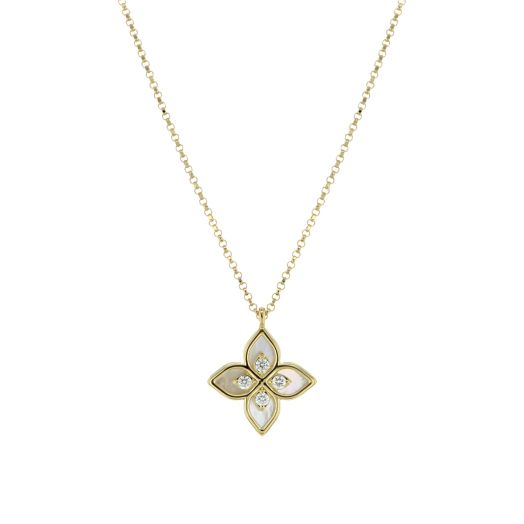 yellow gold necklace with mother of pearl flower pendant with diamond accents