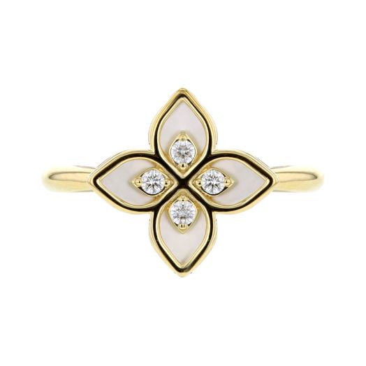 yellow gold ring with mother of pearl flower and diamond accents