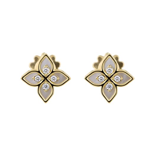 yellow gold stud earrings with mother of pearl flowers and diamond accents