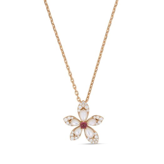 rose gold necklace with mother of pearl flower accented with rubellite and diamond rounds
