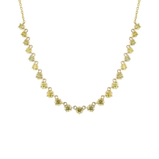 multi-hued fancy yellow round-cut diamonds lining yellow gold necklace