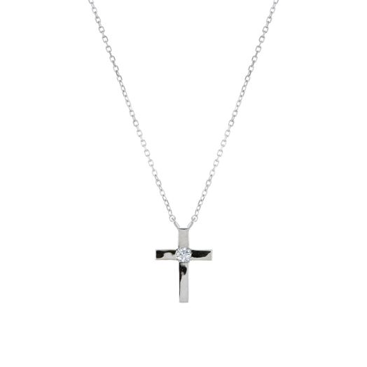 white gold smooth cross pendant with single round-cut diamond at center, suspended from white gold chain