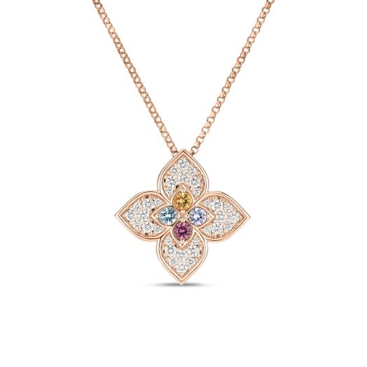 rose gold necklace with diamond and gemstone accented flower medallion