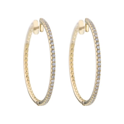 yellow gold hoop earrings lined with diamonds