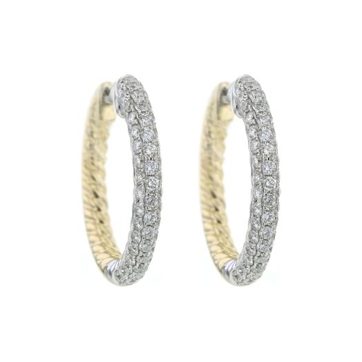 hoop earrings lined with diamonds in white gold, interior featuring unique texture in yellow gold