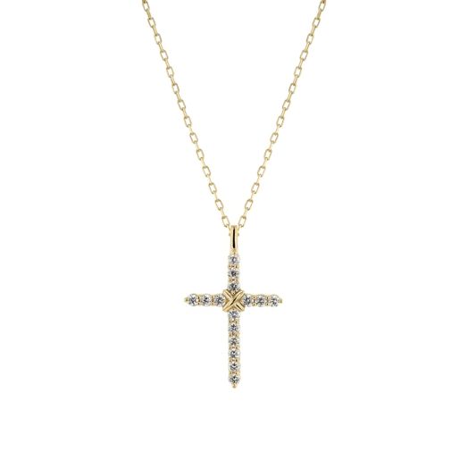 yellow gold cross pendant lined with diamond rounds, suspended from yellow gold chain link necklace
