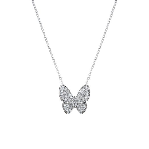 white gold butterfly pendant accented with diamond rounds suspended from white gold chain