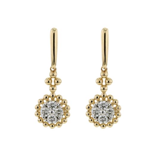 petite yellow gold dangle earrings with beaded details and four diamond rounds in the center of each dangle