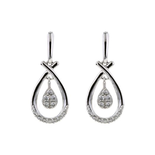 white gold earrings with openwork design, lined with diamonds featuring teardrop accented diamond dangle at center