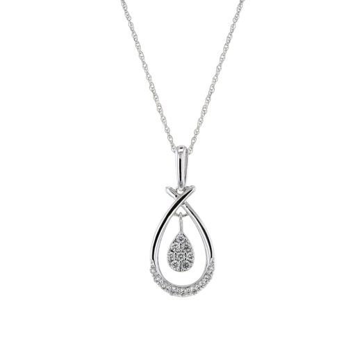 white gold chain with pendant in teardrop shape with openwork design accented with diamonds, mini teardrop pendant with diamond clusters inside