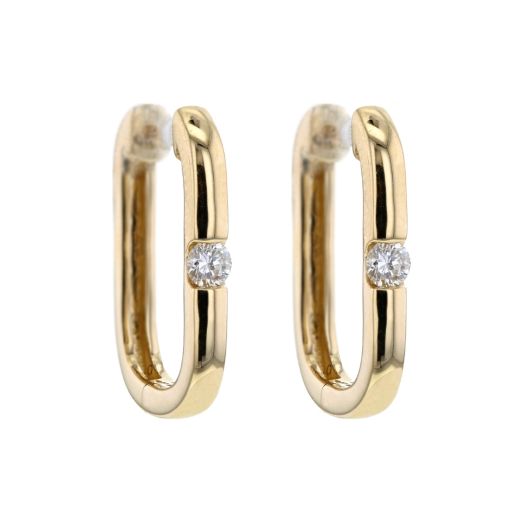 yellow gold square hoop earrings with single round-cut diamond in center of each earring