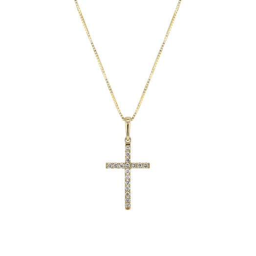 diamond lined cross pendant suspended from smooth bale and yellow gold box chain