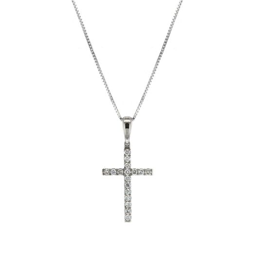 white gold cross pendant lined with white diamond rounds suspended from white gold chain