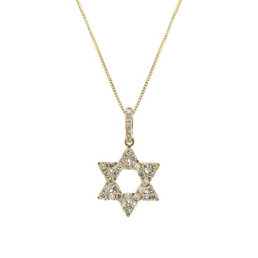 yellow gold star of david pendant necklace lined with diamonds, suspended from diamond lined bale and hung from yellow gold box chain