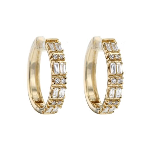 yellow gold hoop earrings lined with two rows of alternating bar and round-cut diamonds