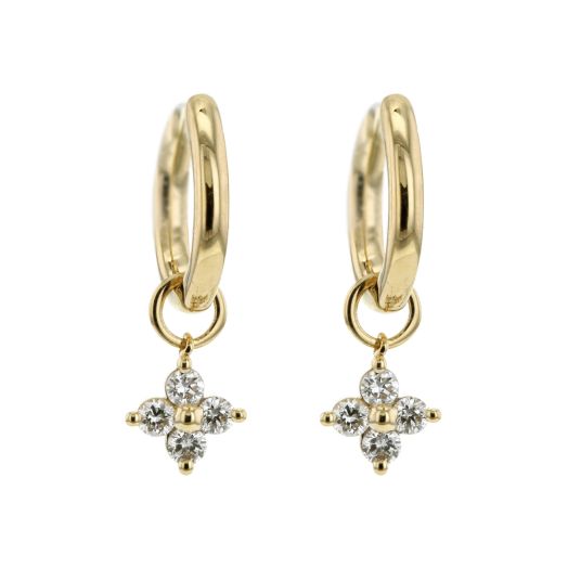 yellow gold mini hoops with flower dangle design accented with four diamond rounds on each