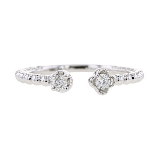 white gold band with beaded band design, openwork with round-cut diamonds set on each end, one featuring clover halo