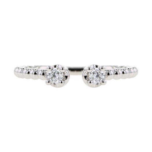 white gold ring with beaded detail, accented with diamond rounds on the ends of the open design
