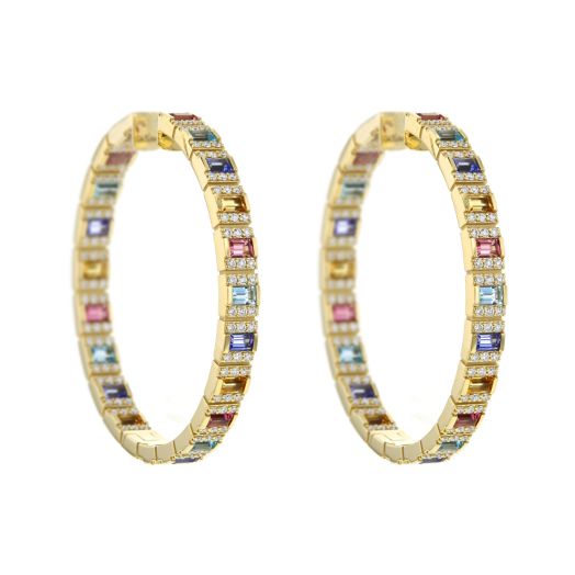 yellow gold hoop earrings lined with multi-colored stones and diamonds