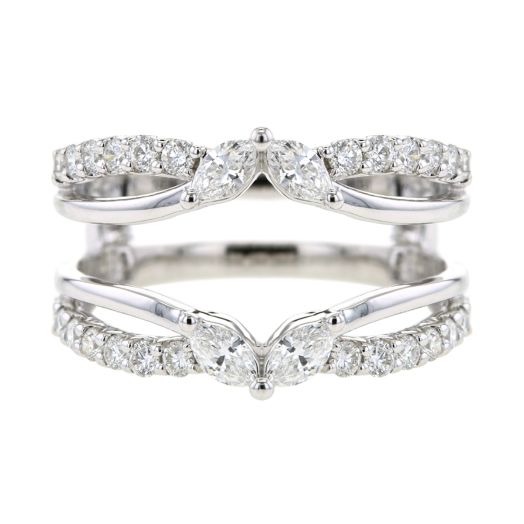 white gold cradle with openwork design lined with round-cut diamonds and marquise accents