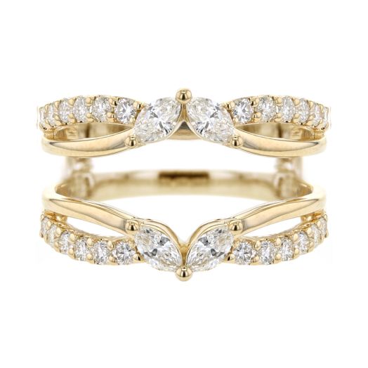 yellow gold cradle with openwork design lined with round-cut diamonds and marquise accents