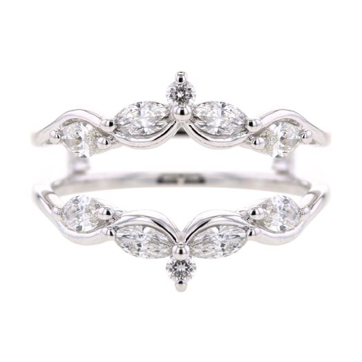 white gold diamond cradle lined with marquise diamonds in unique twist design, accented with round-cut diamond on top and bottom of cradle