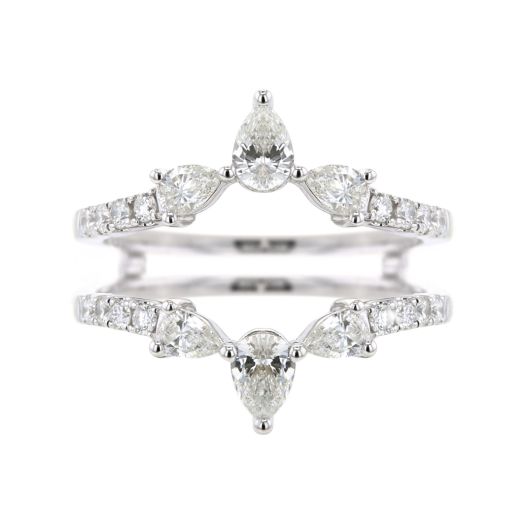 white gold cradle lined with diamond rounds and accented with three pear-cut diamonds on top and bottom of cradle