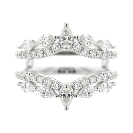 white gold cradle lined with white diamond rounds and accented with pear-cut diamonds on top and bottom of the cradle, set in center of four marquise diamonds