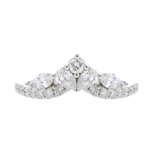 white gold ring lined with diamonds and showcasing multiple diamonds in pear, marquise and round