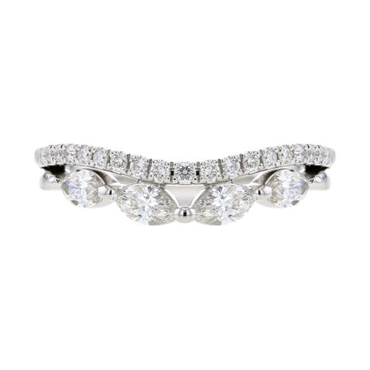 white gold band with two rows lined with diamonds, top lined with petite diamond rounds, bottom lined with marquise