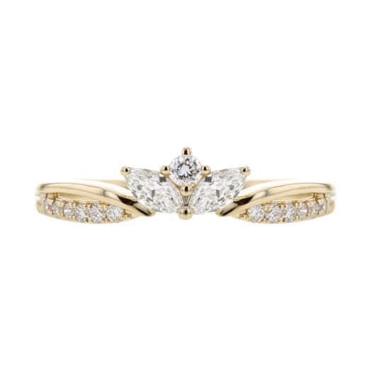 yellow gold two-row band, lined with petite diamond rounds showcasing floral pattern of marquise diamonds on each side of round-cut diamond