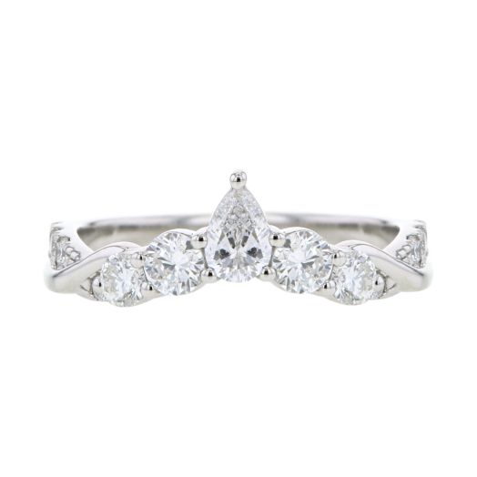 white gold ring with twist design, lined with round-cut diamonds and showcasing pear-cut center