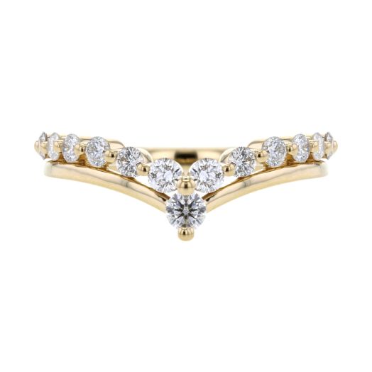 two-row yellow gold ring with pointed design, top row lined with white diamond rounds