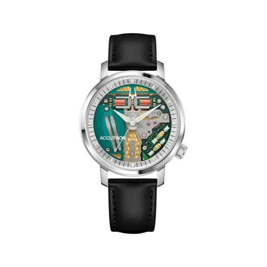 Accutron open-work spaceview watch with a black leather strap