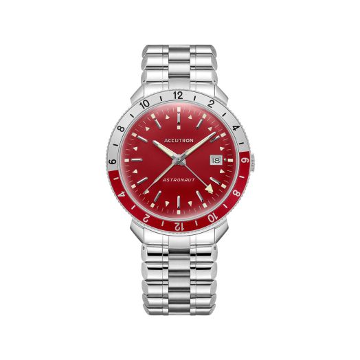 watch with red dial and steel bracelet