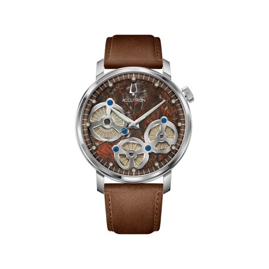  Accutron watch with a red forged carbon dial and a brown suede strap