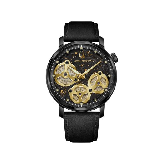 Accutron watch with a black forged carbon dial with 23kt gold accents