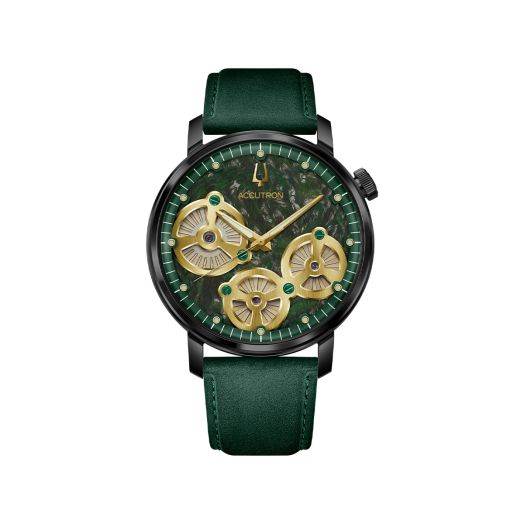 Green forged carbon dial Accutron watch with a green suede strap