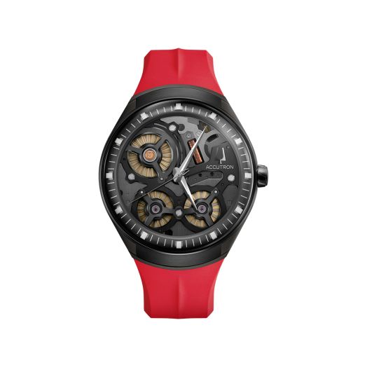 Muted grey open work dial watch with a sporty red rubber strap