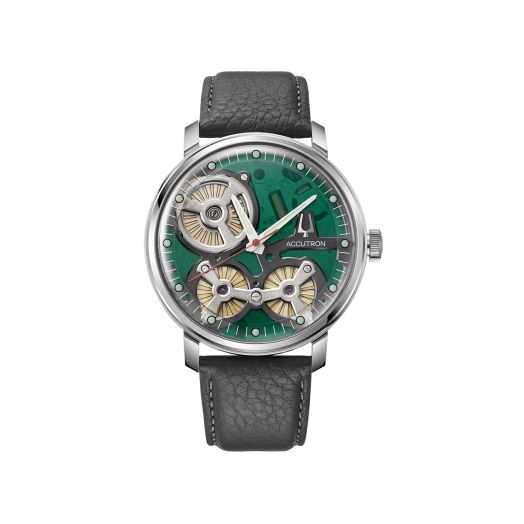 Open green dial Accutron watch with a leather strap