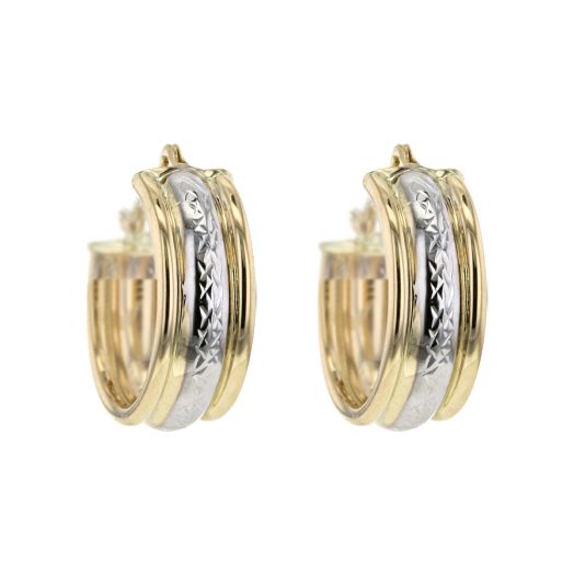 yellow gold open hoop earrings with white gold center accented with x diamond-cut design