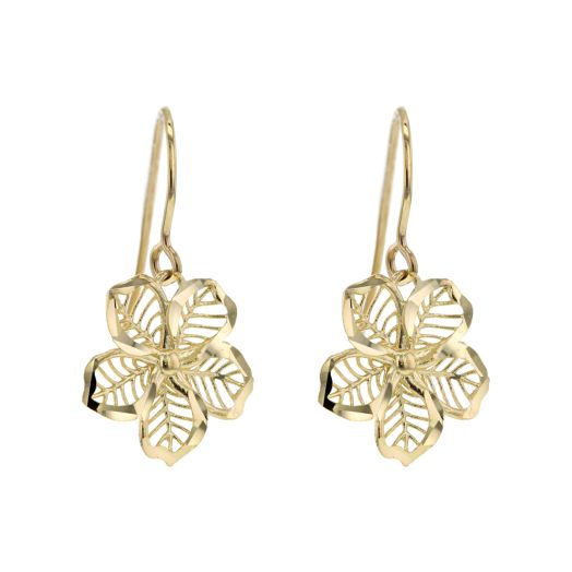 yellow gold fish hook earrings with filigree floral dangles