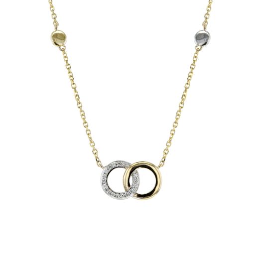 yellow gold necklace with interlocking circles, one diamond accented